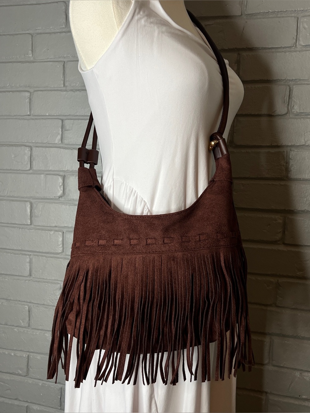 NWOT! Dolls Kill Vegan Leather Faux Suede Brown Fringe Hobo Shoulder Bag - Women